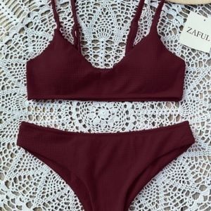 ZAFUL High Cut Bralette Bikini Set - Wine Red